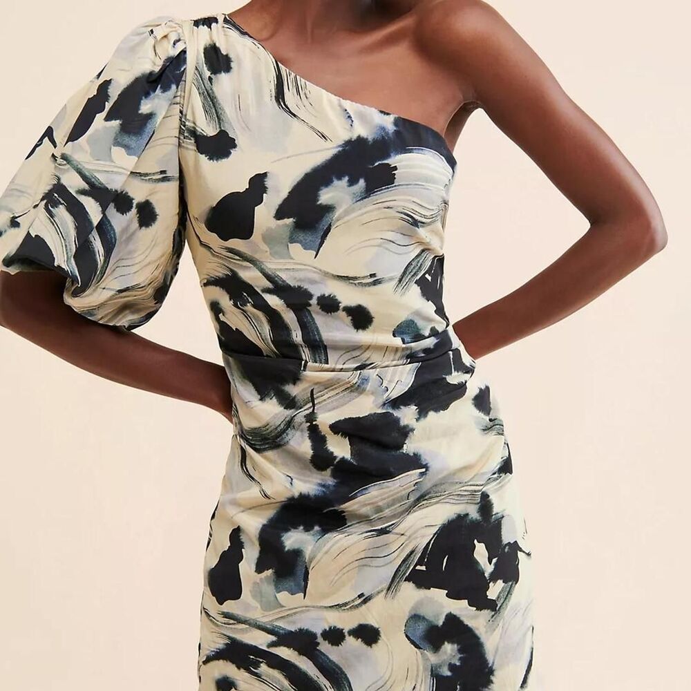 Anthropologie Let Me Be One Shoulder Mini Dress Navy Print Size S